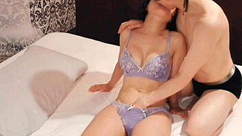 curvy japanese wife in purple lingerie cums from fingering