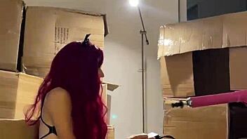 Redhead Teen Beauty Strips Sexy And Sucks Dildo For Machine Fuck!