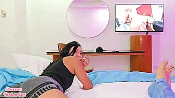 friend watches hot vids gets horny fucks creampie pussy