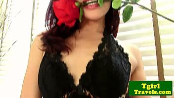 ladyboy ning parades tight ass in corset, fishnets and heels for anal tease