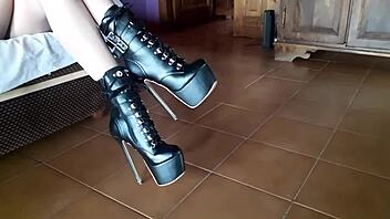 Latina Milf Struts in Ankle Boots and Sky-High Blue Heels with Pantyhose