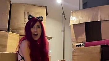 Redhead Teen Beauty Strips Sexy And Sucks Dildo For Machine Fuck!