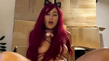 Redhead Teen Beauty Strips Sexy And Sucks Dildo For Machine Fuck!