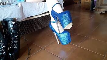 Latina Milf Struts in Ankle Boots and Sky-High Blue Heels with Pantyhose