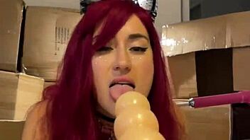 Redhead Teen Beauty Strips Sexy And Sucks Dildo For Machine Fuck!