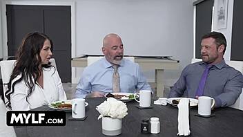 hot milf wife creampied by boss while hubby watches 😈