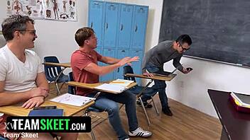 team up, boys—today's lesson: teacher sucks your cocks deep!