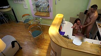 sexy young redhead seduces older man for kitchen doggystyle pounding