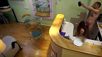 sexy young redhead seduces older man for kitchen doggystyle pounding