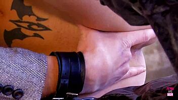 sensual tattooed brunette deepthroats then rides cock in heels