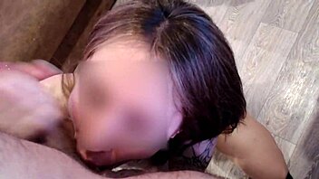 Cute babe gives juicy POV blowjob close up