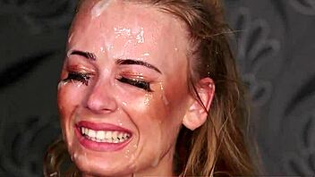 English babe strokes cocks in bukkake group scene