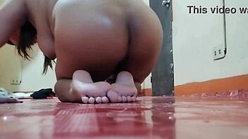 sultry babe scrubs floors naked showing off her huge curvy tits