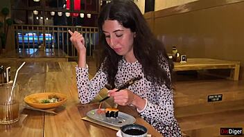 i blast cum on her face at sushi bar then she munches rolls cumwalk style public fun