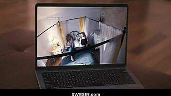 Voyeur captures Ella Nova blowing and riding Nathan Bronson's cock on camera