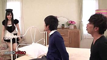 I'm this horny asian maid taking two cocks hard!