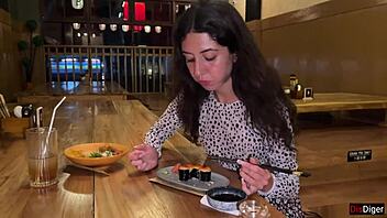 i blast cum on her face at sushi bar then she munches rolls cumwalk style public fun