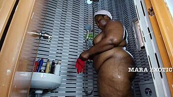 fat ebony milf shakes onion booty in shower full naked tease