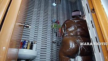 fat ebony milf shakes onion booty in shower full naked tease