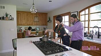 woman cooks as guy pounds her, girl studies while sucking cock
