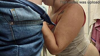 wife teases electrician into bareback shower fuck hidden from cuckold husband