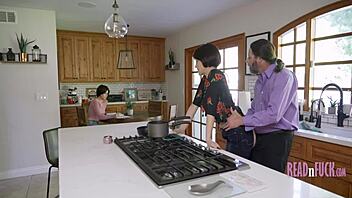 woman cooks as guy pounds her, girl studies while sucking cock