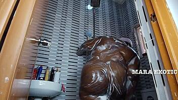 fat ebony milf shakes onion booty in shower full naked tease