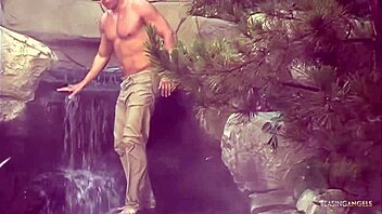 Blonde's big clit cunt licked at waterfall for handjob reward