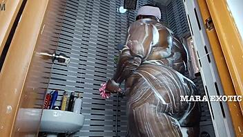 fat ebony milf shakes onion booty in shower full naked tease