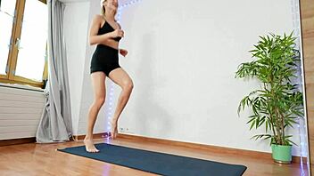 Blonde Flexes Legs in Leggings Pole Dancing Christmas Gym