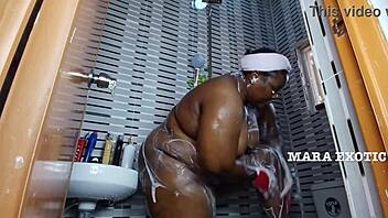 fat ebony milf shakes onion booty in shower full naked tease