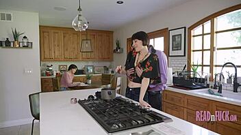 woman cooks as guy pounds her, girl studies while sucking cock