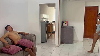 Movie night with cute Colombian stepsis escalates to creampie in her tight shaved pussy