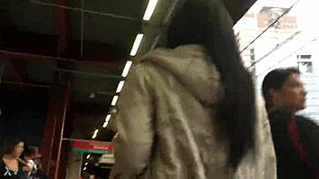woman flashes jacket boots candid train upskirt