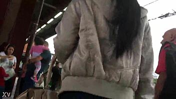 woman flashes jacket boots candid train upskirt