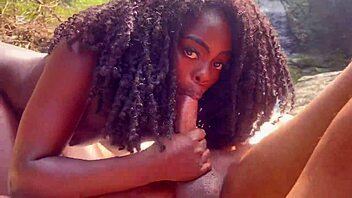 ebony goddess shares pussy publicly at waterfall