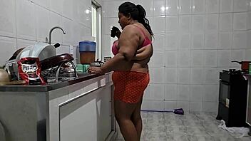 brazilian milf rides cock in kitchen moaning to squirting cumshots
