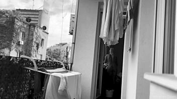 chubby naked woman flashes big shaved tits pussy hanging laundry balcony exhibitionist neighbors outdoor public boobs