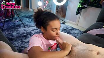 black girl practices deep oral with big white guy casually