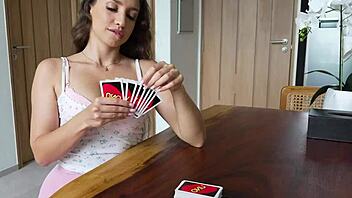 their card game bet escalated quickly into rough hardcore fucking of her wet brunette pussy by monster cock
