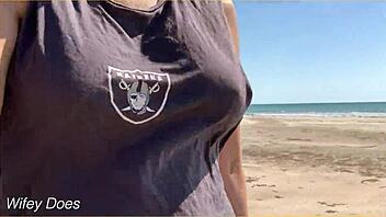 i walked the beach nude showing off my big milf tits