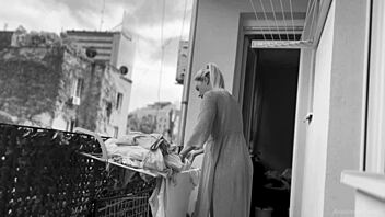 chubby naked woman flashes big shaved tits pussy hanging laundry balcony exhibitionist neighbors outdoor public boobs