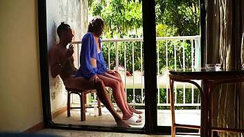 janitor pounds busty babe's curvy ass on public balcony creampie finish