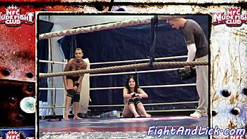 muscular lesbians wrestle catfight in boxing ring