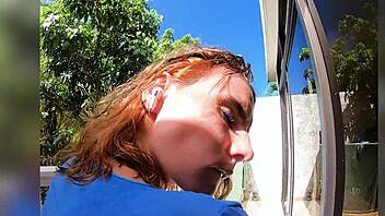 janitor pounds busty babe's curvy ass on public balcony creampie finish