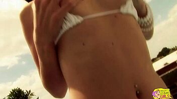 two bikini babes strip and lick each others tight pussies outdoors all day