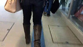 woman flashes jacket boots candid train upskirt