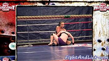 muscular lesbians wrestle catfight in boxing ring
