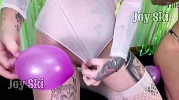 Curvy Brazilian Lesbians Rub with Balloons at Sexy Tattoo Party
