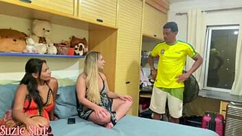 we invited a couple over, husband steps out and we dive into wild lesbian fucking each other hard